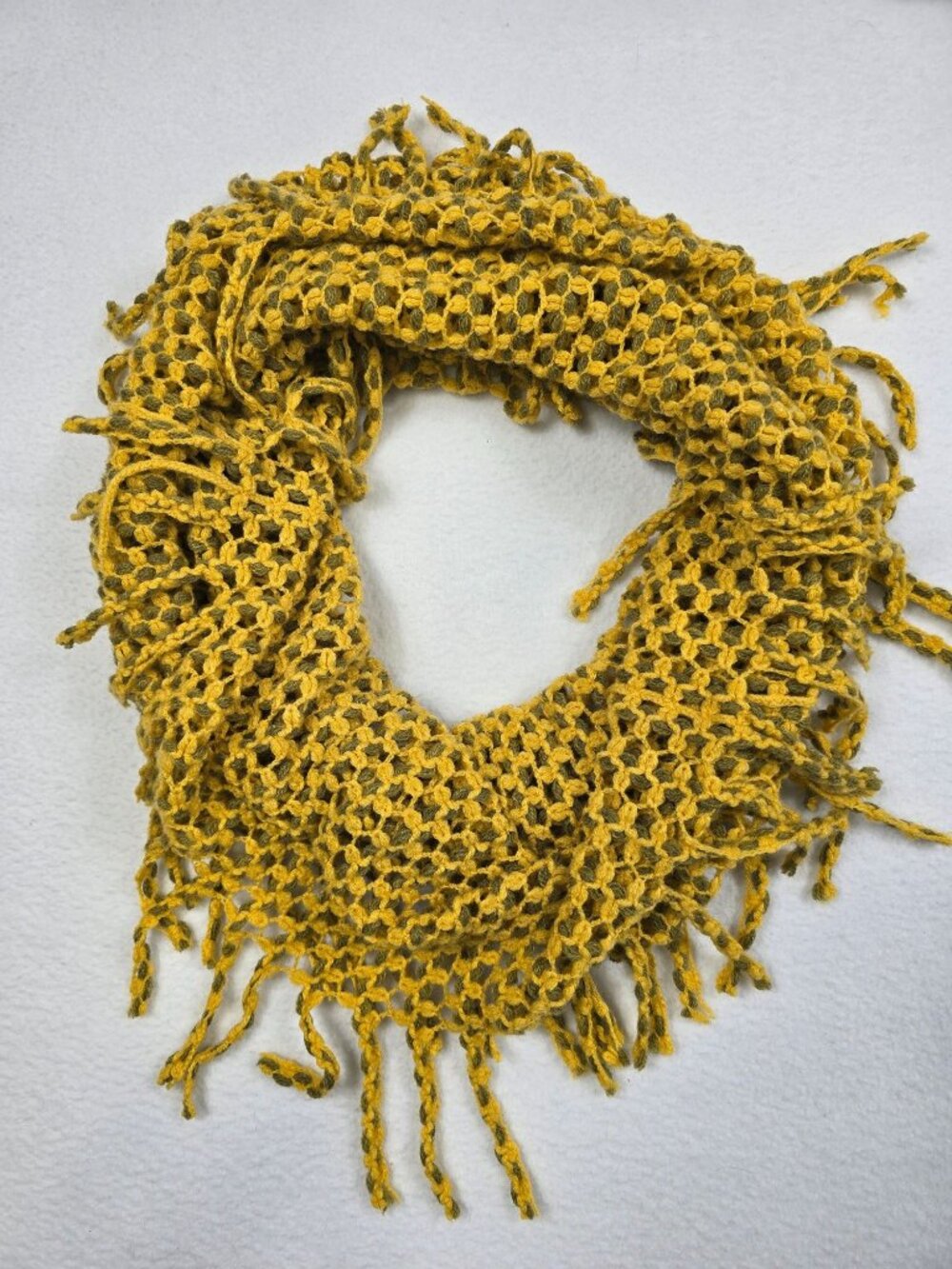 Mustard Yellow Open-Knit Fringed Tube Scarf Tubular Snood